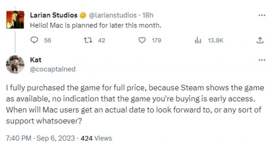 Baldur's Gate 3 Mac release date delay tweet