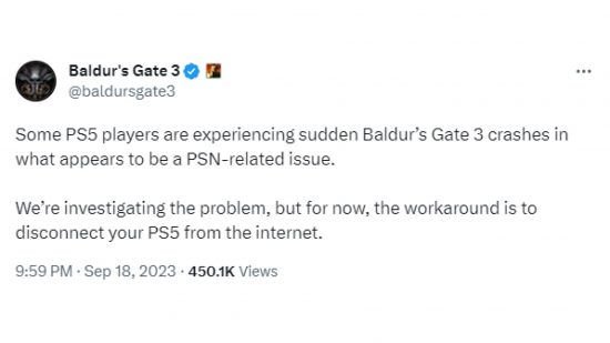 Baldur's Gate 3 PS5 crash fix Tweet from Larian Studios
