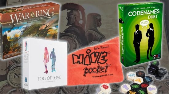 Best board games for couples guide - Wargamer compilation edited photo showing box art for War of the Ring, Fog of Love, Hive Pocket, and Codenames Duet, overlaid on a photo of the 7 Wonders Duel box art
