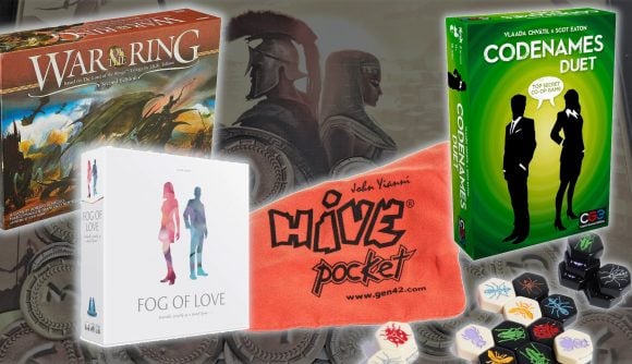 Best board games for couples guide - Wargamer compilation edited photo showing box art for War of the Ring, Fog of Love, Hive Pocket, and Codenames Duet, overlaid on a photo of the 7 Wonders Duel box art