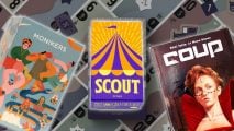 Best card games for adults guide - Compound wargamer image showing the boxes for Monikers, Scout, and Coup on a background showing Scout cards