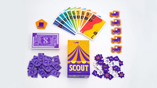 Best card games for adults guide - Scout sales image showing the box, cards, and tokens from the game