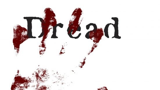 Best Horor RPG games for tabletop guide - Dread promotional image showing the game name on a white background with a bloody handprint