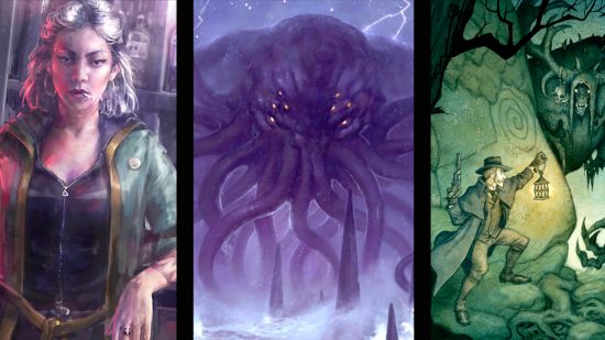 Best Horor RPG games for tabletop guide - author image created from a combination of artworks from Chronicles of Darkness, Call of Clthulhu, and Vaesen by Free League