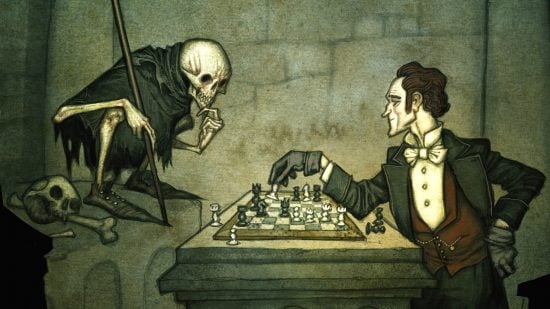 Best Horor RPG games for tabletop guide - Vaesen artwork from Free League showing a character playing chess with a skeleton
