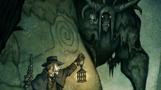 Best Horor RPG games for tabletop guide - Vaesen artwork by Free League showing an adventurer with a lantern in a cave, and a monster approaching them