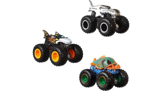 Hot wheels monster trucks shaped like ferocious animals.