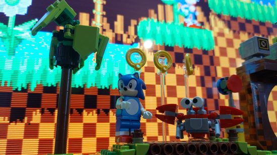 Best Lego Ideas sets: Sonic the Hedgehog. Image shows Sonic on the set, in front of the original Sonic game.