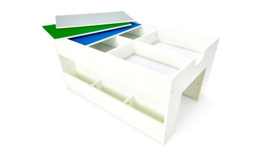 Best Lego tables guide - marketing photo showing the Build and Store table, with three colored lego base sheets on top