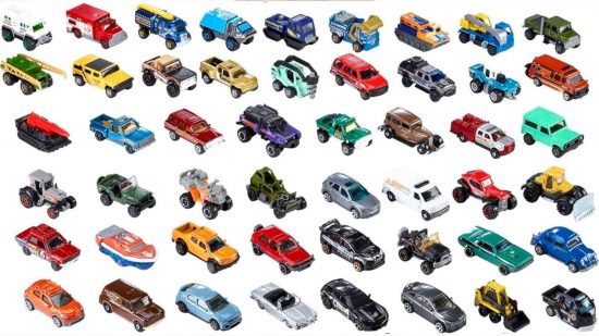 Best Matchbox cars, marketing photograph by Mattel - 50 colorful die-cast toy cars and other vehicle
