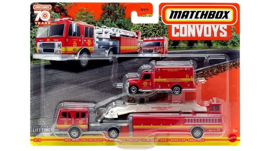 Best Matchbox cars, marketing photograph by Mattel - a diescast firetruck and red paramedic ambulance in a blister-pack product package