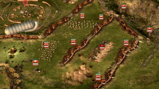 Best WW1 games guide - The Great War Western Front screenshot showing a battlefield with troops charging a trench line, a recon balloon overhead