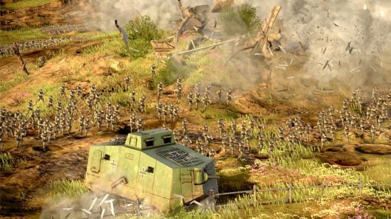 Best WW1 games guide - The Great War Western Front screenshot showing a battlefield with troops charging alongside a tank