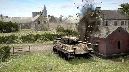 Best WW2 games guide - The Troop screenshot showing a German Panzer smashing past a building with a shell exploding under fire