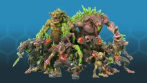 Blood Bowl 3 season 2 team, the Underworld Denizens - a team including goblins, ratmen, a giant rat ogre, troll, and diminutive Snotlings, all with shards of weirdstone growing from their bodies