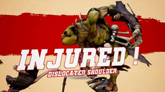 Blood Bowl 3 season 2 team, the Underworld Denizens - the word "Injured" splashes over a Troll punching a ratman