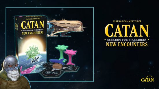 Catan Starfarers New Encounters board game expansion - Catan Studio image showing the packaging, some components, and the logo for New Encounters