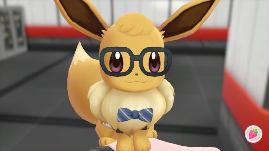 Cutest Pokémon guide - Pokémon Let's Go Eevee screenshot showing Eevee wearing adorable glasses and bowtie