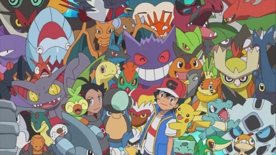 Cutest Pokémon guide - Pokémon anime screenshot showing all kinds of different Pokemon crowded around Ash Ketchum