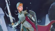 Disney Lorcana set Rise of the Floodborn art showing cinderella in a suit of armor with a sword