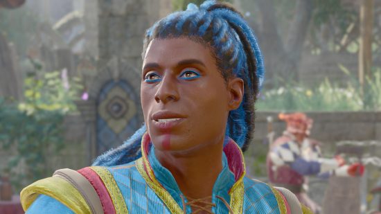 Baldur's Gate 3 makes me want to play DnD - Author screenshot from BG3 showing a circus performer in colorful clothes and makeup with brown skin and dyed dreadlocks