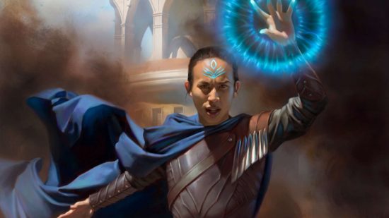 DnD class spell lists return in Unearthed Arcana 7 - a wizard, wearing grey leather armor, a billowing blue cape, blue power radiating from their raised left hand, artwork by Sara Winters