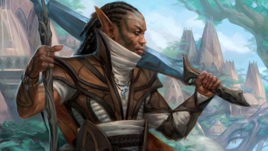DnD fighter subclass Eldritch Knight - a dark skinned elf in leather armor wielding a sword scimitar and staff - MTG card art for Numa, Joraga Chieftain, by Kieran Yanner