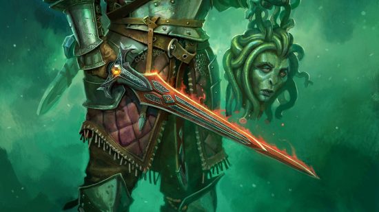 DnD fighter subclass Eldritch Knight - a fighter wielding a Vorpal Blade carrying the head of a Medusa - Vorpal Blade MTG Card art by Caio Monterro