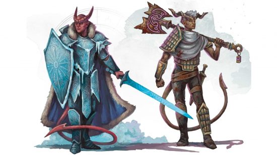 DnD Fighter subclasses 5e guide - Wizards of the Coast artwork showing two Tiefling fighters, one with a battleaxe, the other a sword and shield