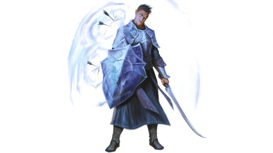 DnD Fighter subclasses 5e guide - Wizards of the Coast artwork showing a Psi Warrior character in heavy armor with sword and shield, using a psionic field that's deflecting arrows