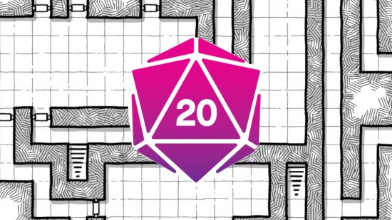 DnD Map Maker Dungeon Scrawl comes to Roll 20 - logo of a pink icosahedron with the number 20 on the nearest face, superimposed over a black and white ink map