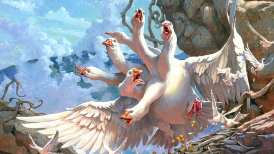 DnD Monster, the goose hydra - a colossal seven headed goose leaps from its nest high up in a mighty beanstalk. Card art for the MTG Card "The Goose Mother" by Jesper Ejsing