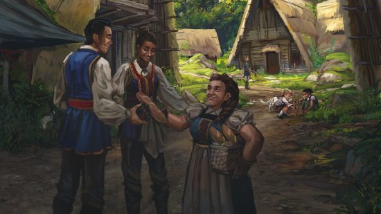 DnD Phandelver and Below review - Wizards of the Coast art of three Phandalin residents chatting in town