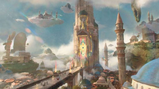 Planescape Adventures in the Multiverse illustration - the Gate town Excelsior, inflected by the radiant energy of a Lawful Good plane