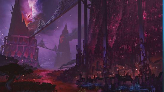 Planescape Adventures in the Multiverse illustration - the Gate Town Torch, a city of three spires built around volcano calderas