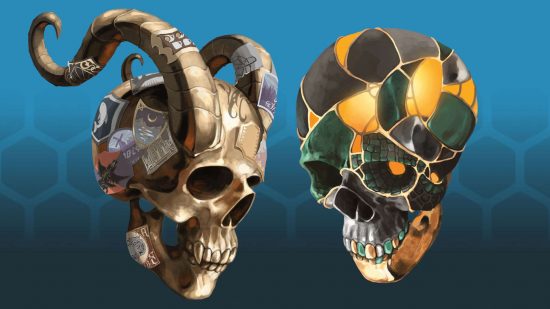 Planescape Adventures in the Multiverse illustration - a pair of Mimir skulls, one covered in gilding and enamel, the other with long horns