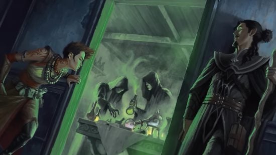 Wizards of the Coast art of a DnD Rogue 5e and an ally spying on two hooded figures
