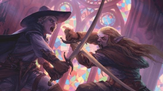 DnD Rogue subclasses 5e - Wizards of the Coast art of two Dhampir swordfighting