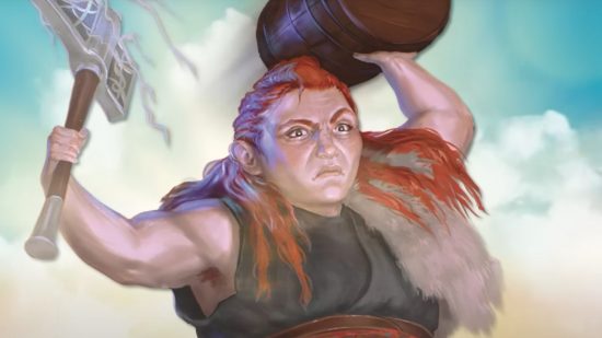 DnD Rune Knight 5e - Wizards of the Coast art of a giant woman holding a barrel and an axe