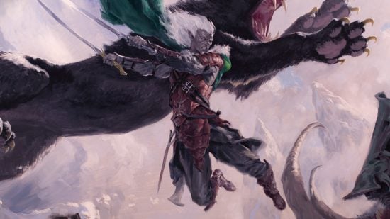 DnD Swashbuckler 5e - Wizards of the Coast art of Drizzt Do'Urden leaping through the air