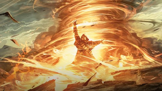 Wizards of the Coast art of a DnD Warlock 5e surrounded by a tornado of fire