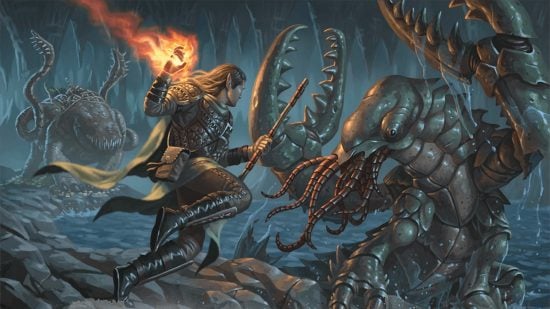 Wizards of the Coast art of a DnD Warlock 5e fighting sea monsters