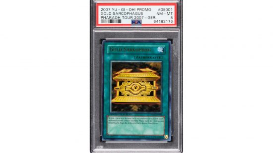 Expensive Yugioh cards - a copy of a German language copy of the Golden Sarcophagus Yugioh card in a sealed grading case
