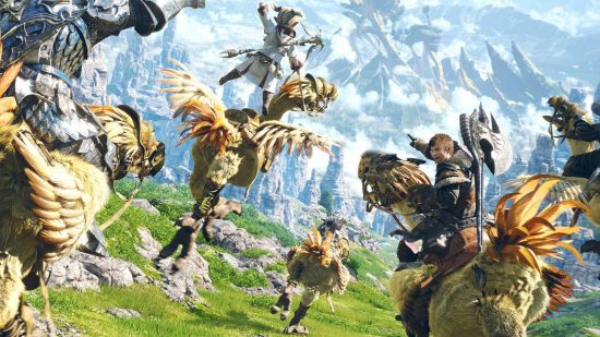 Final Fantasy XIV TTRPG - four fantasy heroes riding bright yellow Chocobo birds race through green fields towards distant horizons