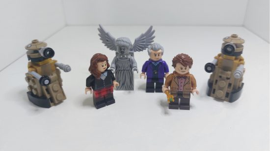 Lego Doctor Who review image showing all the minifigures in a row.