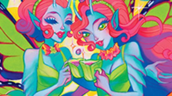 MTG card Mistbind Clique art showing a colorful faerie