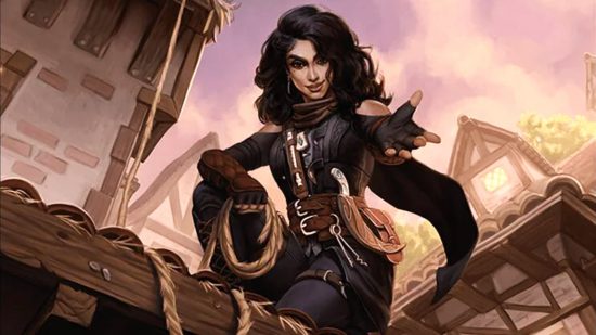 MTG Wilds of Eldraine card art - a black haired rogue on a wooden beam reaching out a hand to pull someone up.