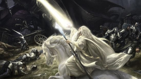 MTG release schedule MTG LOTR image of gandalf casting magic at the witch king
