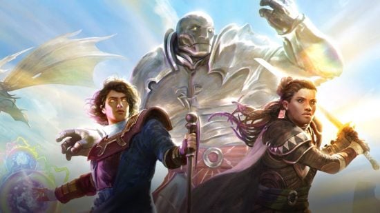 MTG sets, a warrior next to a silver golem and a wizard.