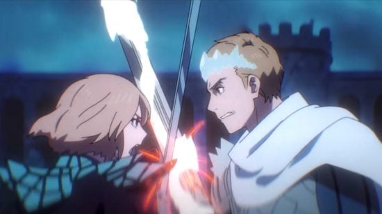 MTG Wilds of Eldraine anime trailer scene showing Will and Rowan fighting